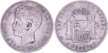 Espagne 5 Pesetas,  Alfonso XIII - Armoiries -1898