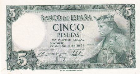 Espagne 5 Pesetas - Roi Alfonso X - 1954 - Lettre I