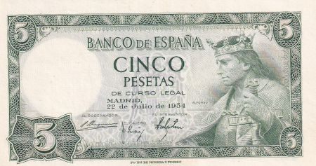 Espagne 5 Pesetas - Roi Alfonso X - 1954 - Lettre N - P.146