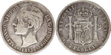 Espagne 5 Pesetas Alfonso XII - Armoiries - 1877 - DE M Argent