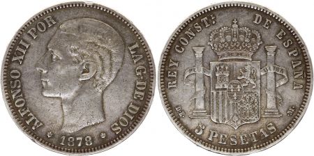 Espagne 5 Pesetas Alfonso XII - Armoiries - 1878 - DE M Argent