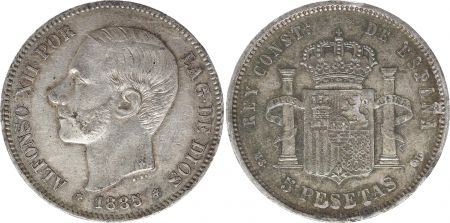 Espagne 5 Pesetas Alfonso XII - Armoiries - 1885 (87) MS-M - 3 EX