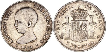 Espagne 5 Pesetas Alfonso XIII - Armoiries - 1888