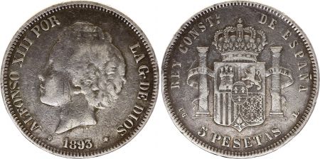 Espagne 5 Pesetas Alfonso XIII - Armoiries - 1893 - PG L Argent