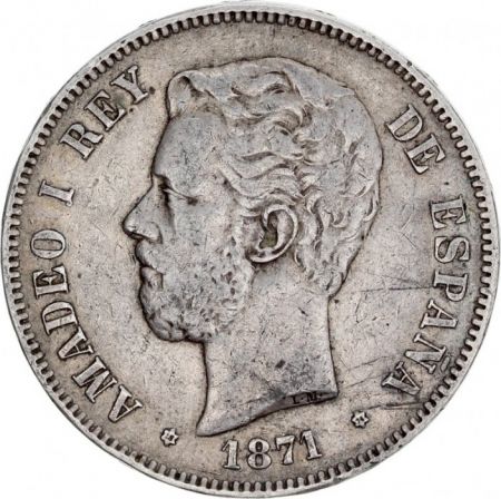 Espagne 5 Pesetas Amadeo 1er - Armoiries - 1871