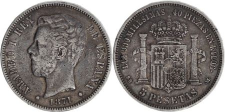 Espagne 5 Pesetas Amadeo 1er - Armoiries - 1871