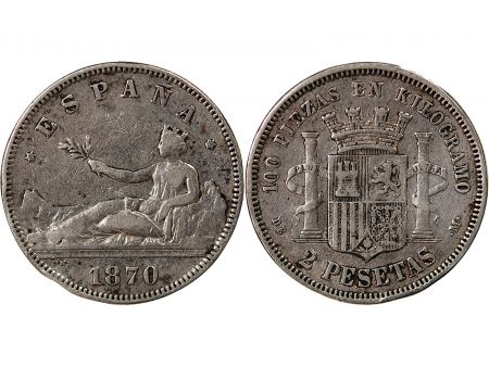 Espagne ESPAGNE, GOUVERNEMENT PROVISOIRE - 2 PESETAS ARGENT - 1870/1875, DE, M MADRIRD