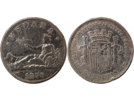 Espagne ESPAGNE, GOUVERNEMENT PROVISOIRE - 5 PESETAS ARGENT - 1870 M MADRID