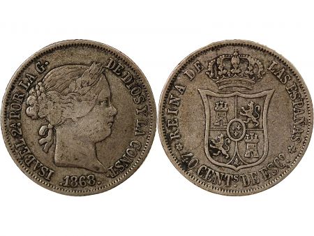 Espagne ESPAGNE, ISABELLE II - 40 CENTIMOS ARGENT - 1868 MADRID