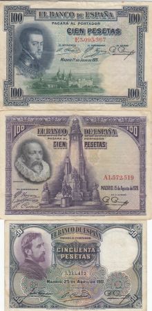 Espagne Série 3 billets 50, 100, 100 Pesetas - 1925 à 1931