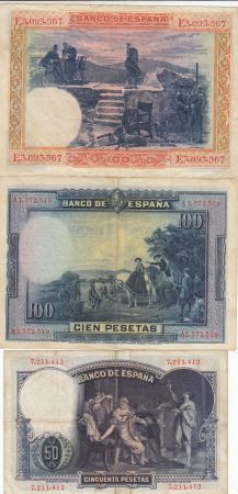 Espagne Série 3 billets 50, 100, 100 Pesetas - 1925 à 1931