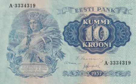 Estonie 10 Krooni - Femme en costume national - Armoiries - 1937 - Série A - P.67