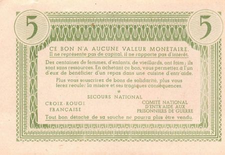 ETAT FRANCAIS  MARECHAL PETAIN - BON DE SOLIDARITE 5 FRANCS 1941 / 1944 - PSUP