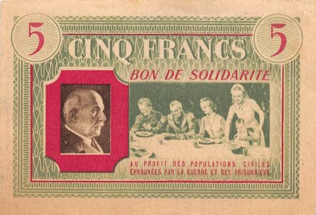 ETAT FRANCAIS  MARECHAL PETAIN - BON DE SOLIDARITE 5 FRANCS 1941 - SUP+