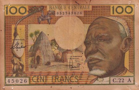 Etats de l\'Afrique Equatoriale 100 Francs ND 1963 - Africain, case, Eléphants - Série C.22 - TB - P.03a