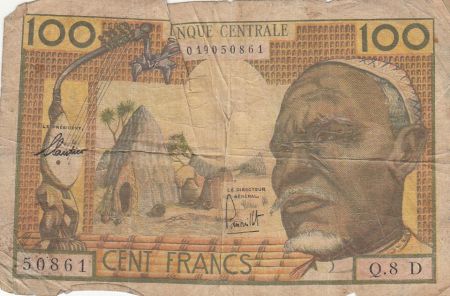 Etats de l\'Afrique Equatoriale 100 Francs ND1963 - Africain, case, Eléphants - Lettre D (Gabon)