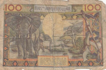 Etats de l\'Afrique Equatoriale 100 Francs ND1963 - Africain, case, Eléphants - Lettre D (Gabon)