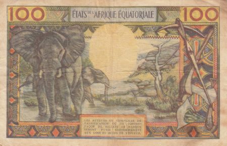 Etats de l\'Afrique Equatoriale 100 Francs ND1963 - Africain, case, Eléphants - Série U.7 B = REP. CENTRAFRICAINE