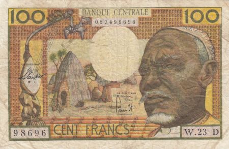 Etats de l\'Afrique Equatoriale 100 Francs ND1963 - Vieil homme, village, éléphants - Série W.23 - D=GABON