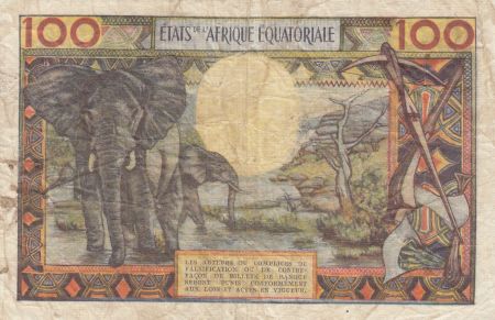 Etats de l\'Afrique Equatoriale 100 Francs ND1963 - Vieil homme, village, éléphants - Série W.23 - D=GABON