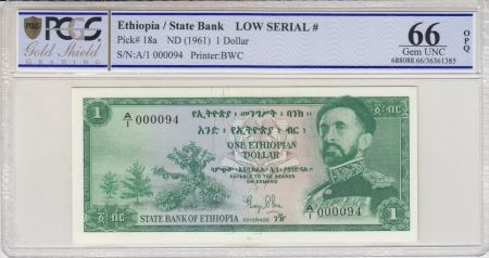 Ethiopie 1 Dollar - Hailé Sélassié - 1961 - Série A.1 n°000094 - PCGS 66 OPQ
