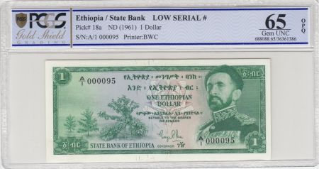 Ethiopie 1 Dollar - Hailé Sélassié - 1961 - Série A.1 n°000095 - PCGS 65 OPQ
