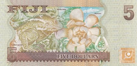 Fidji 5 Dollars - Elisabeth II - Iguane, fleur - 2012