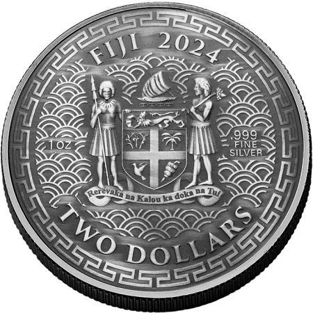 Fidji Année du Dragon - Argent Antique Haut relief -2 Dollars  2024