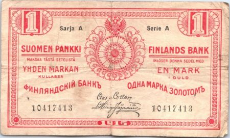 Finlande 1 Markkaa Rouge - 1915 Série A (2em)