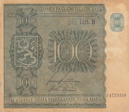 Finlande 100 Markkaa Armoiries - 1945