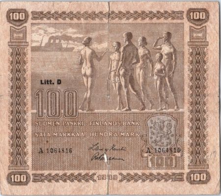 Finlande 100 Markkaa Groupe de personnes - 1939