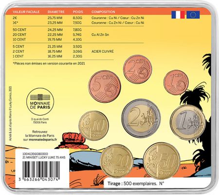 France - Monnaie de Paris 75 ans de Lucky Luke - Miniset  BU FRANCE 2021 (MDP)