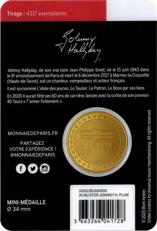 France - Monnaie de Paris Blister Johnny Hallyday (Pluie) - MÉDAILLE 2020 par La Monnaie de Paris