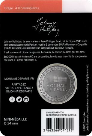 France - Monnaie de Paris Blister Johnny Hallyday (Smoking) - MÉDAILLE 2020 par La Monnaie de Paris