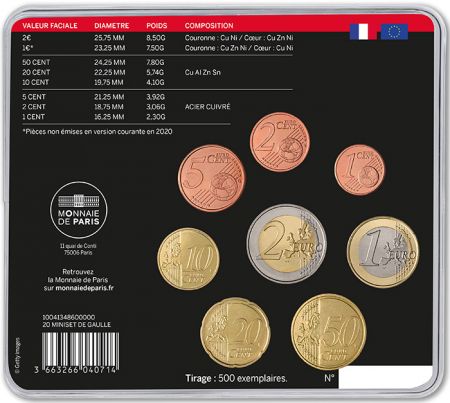 France - Monnaie de Paris De Gaulle - Miniset  BU FRANCE 2020 (MDP) - comprend la 2 € commémorative 2020