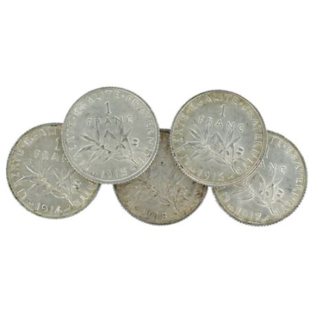 France - Monnaie de Paris Lot 5 pièces 1 Franc Argent FRANCE 1914 à 1918 (EC)