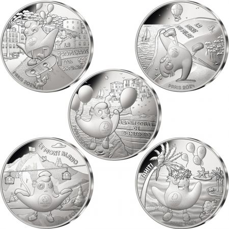 France - Monnaie de Paris Lot 5 x 10 Euros Argent 2024 (MDP) - La France accueille les Jeux - Mascottes Paris 2024 (Vague 1)