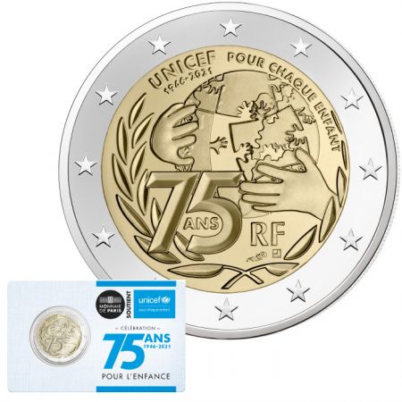 France - Monnaie de Paris LOT BU et BE - 2 Euros Commémo. France 2021 - 75 ans de l\'UNICEF