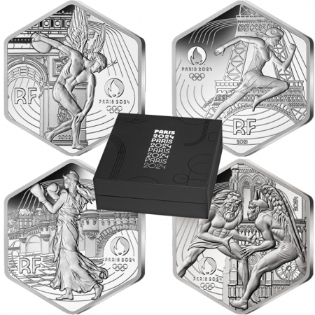 France - Monnaie de Paris LOT de 4 X 10 Euros Argent (2021 à 2024) en coffret - Jeux Olympiques PARIS 2024 - pièce hexagonale