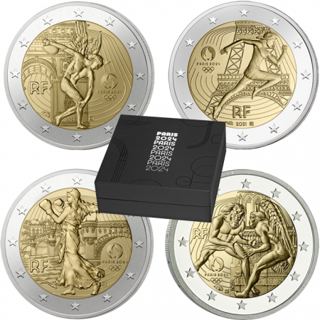 France - Monnaie de Paris LOT de 4 X 2 Euros BE (2021 à 2024) en coffret - Jeux Olympiques PARIS 2024