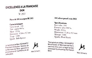 France - Monnaie de Paris UNIQUE - Certificat Numéro 2022 - 10 Euros Argent BE France 2021 - Miss Dior  Excellence à la français