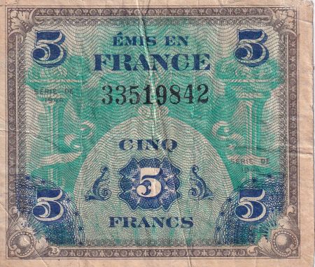 France  5 Francs - Impr. américaine (drapeau) - 1944 - Sans série - PTB - VF.17.01