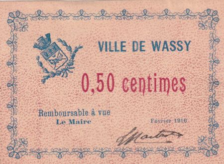 France 0.50 centimes - Ville de Wassy - Février 1916
