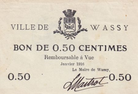France 0.50 centimes - Ville de Wassy - Janvier 1916