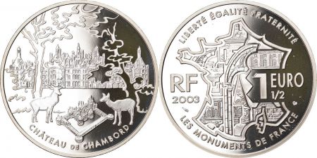 France 1,50 Euros  - Château de Chambord - 2003 - Argent - avec certificat