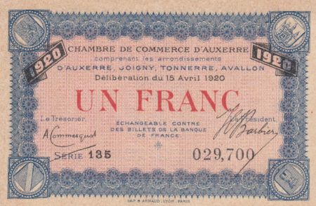 France 1 Franc - Chambre de Commerce d\'Auxerre 1920 - SPL
