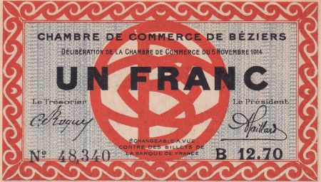 France 1 Franc - Chambre de commerce de Béziers - 1914 - Série B 12.70 - P.27-8
