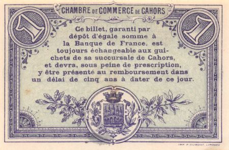France 1 Franc - Chambre de Commerce de Cahors 1915 - P.NEUF