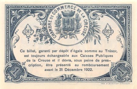 France 1 Franc - Chambre de Commerce de la Creuse 1917 - SUP
