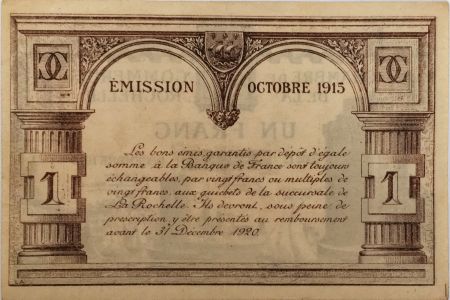 France 1 Franc - Chambre de Commerce de La Rochelle 1915 - TTB+